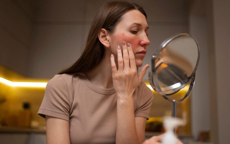 <a href="https://ru.freepik.com/free-photo/woman-looking-her-rosacea-mirror_39766644.htm#fromView=search&page=1&position=31&uuid=91ed2a82-0277-46b3-aa31-88c84cfda21d&query=%D1%81%D1%83%D1%85%D0%B0%D1%8F+%D0%BA%D0%BE%D0%B6%D0%B0">Изображение от freepik</a> Косметика с пробиотиками